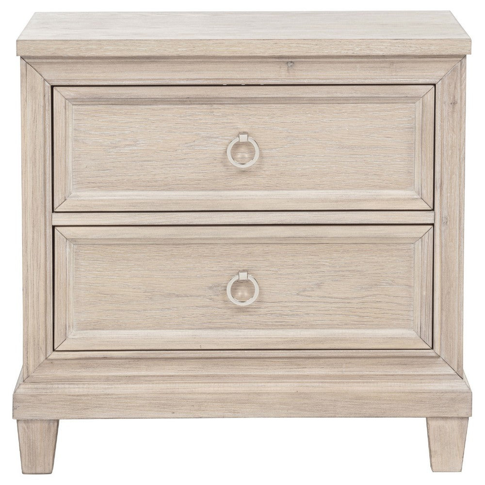 Benjara Kylie Nightstand with 2 Drawers, Tapered Legs, Washed Oak Wood 27 Inch