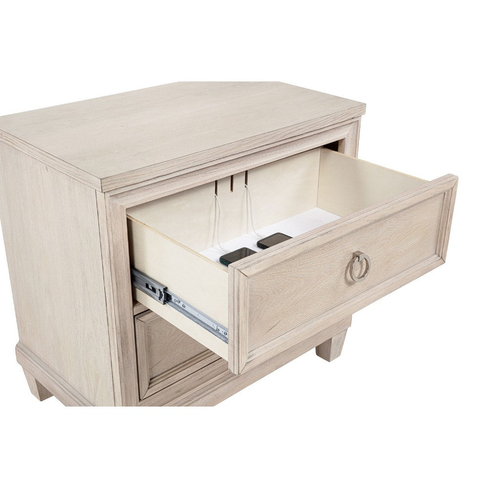 Benjara Kylie Nightstand with 2 Drawers, Tapered Legs, Washed Oak Wood 27 Inch