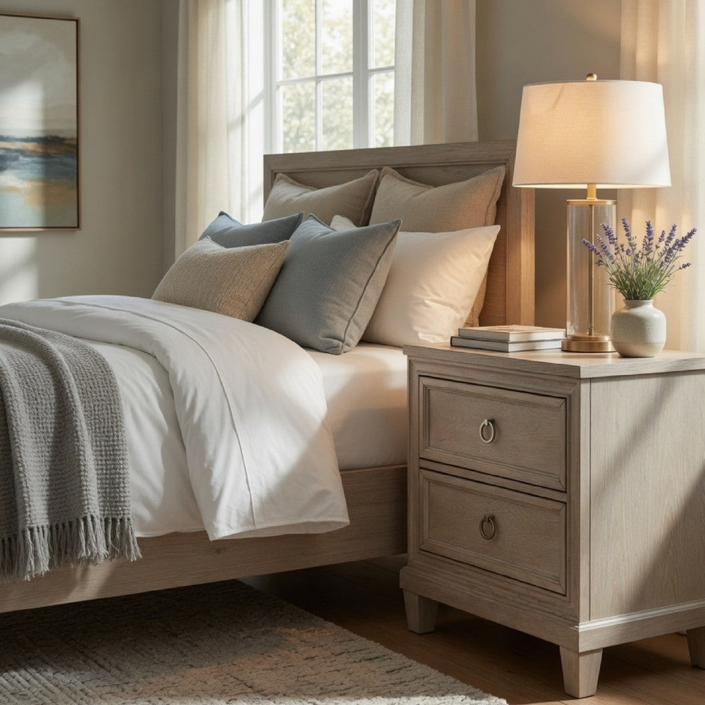 Benjara Kylie Nightstand with 2 Drawers, Tapered Legs, Washed Oak Wood 27 Inch