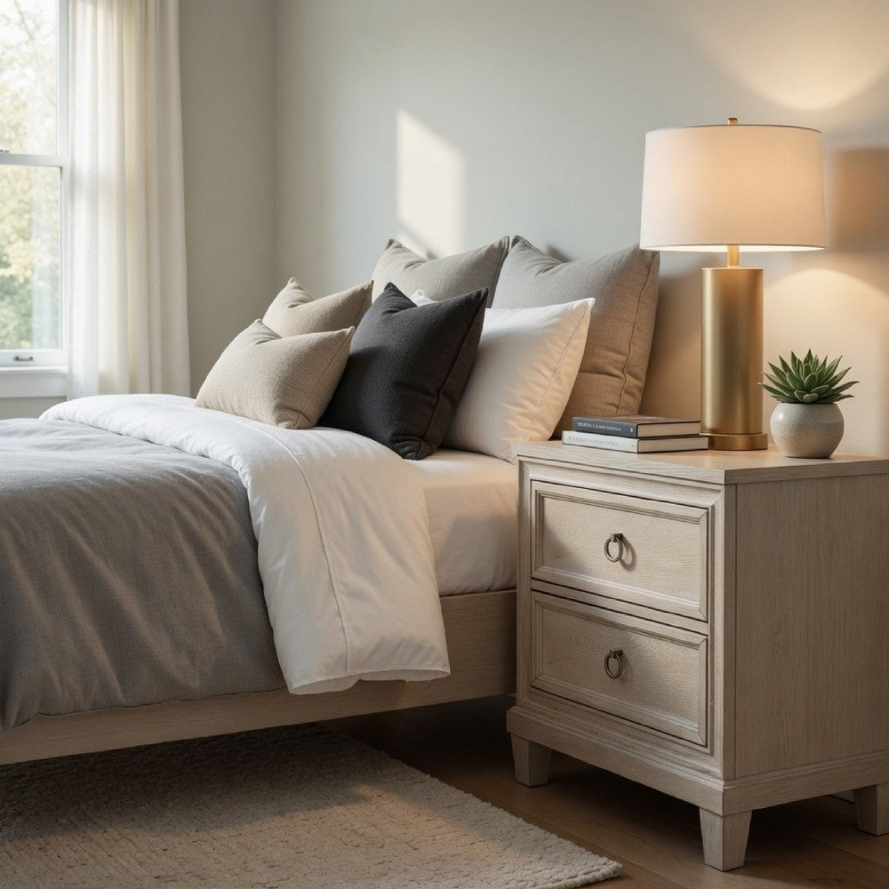Benjara Kylie Nightstand with 2 Drawers, Tapered Legs, Washed Oak Wood 27 Inch