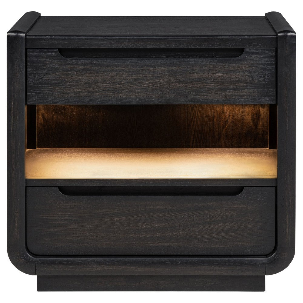 Benjara Lina Nightstand with 2 Drawers, LED Light, Dual USB Port, Black Wood