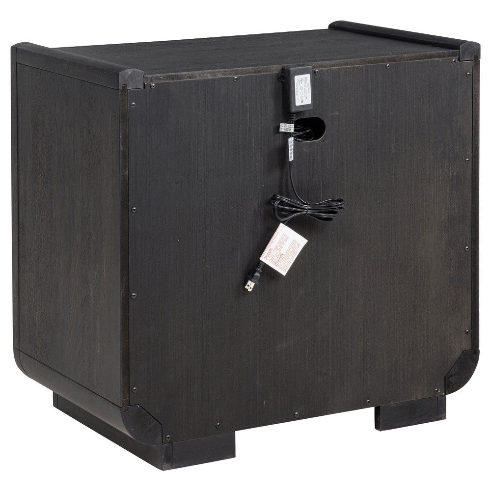 Benjara Lina Nightstand with 2 Drawers, LED Light, Dual USB Port, Black Wood
