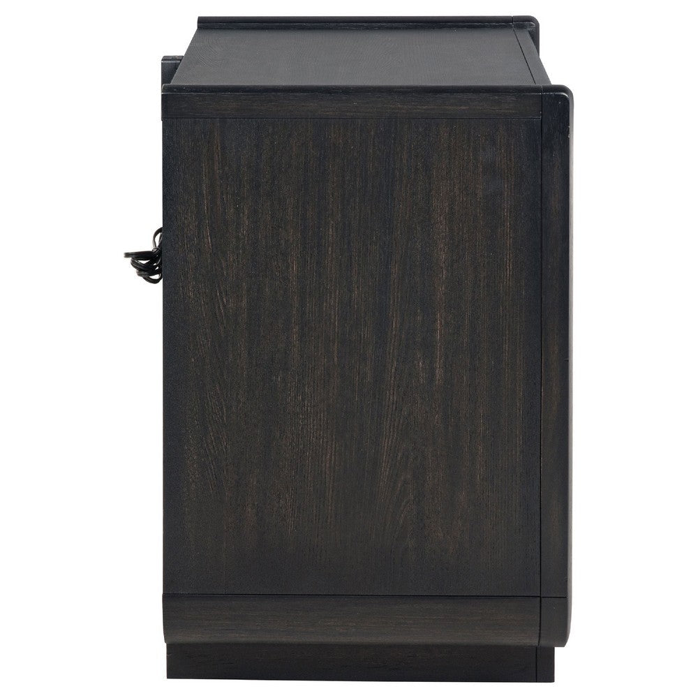 Benjara Lina Nightstand with 2 Drawers, LED Light, Dual USB Port, Black Wood