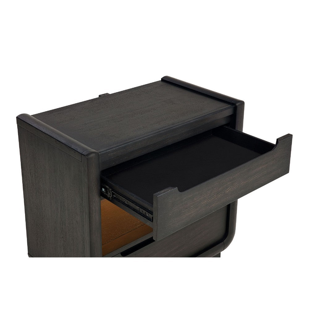 Benjara Lina Nightstand with 2 Drawers, LED Light, Dual USB Port, Black Wood