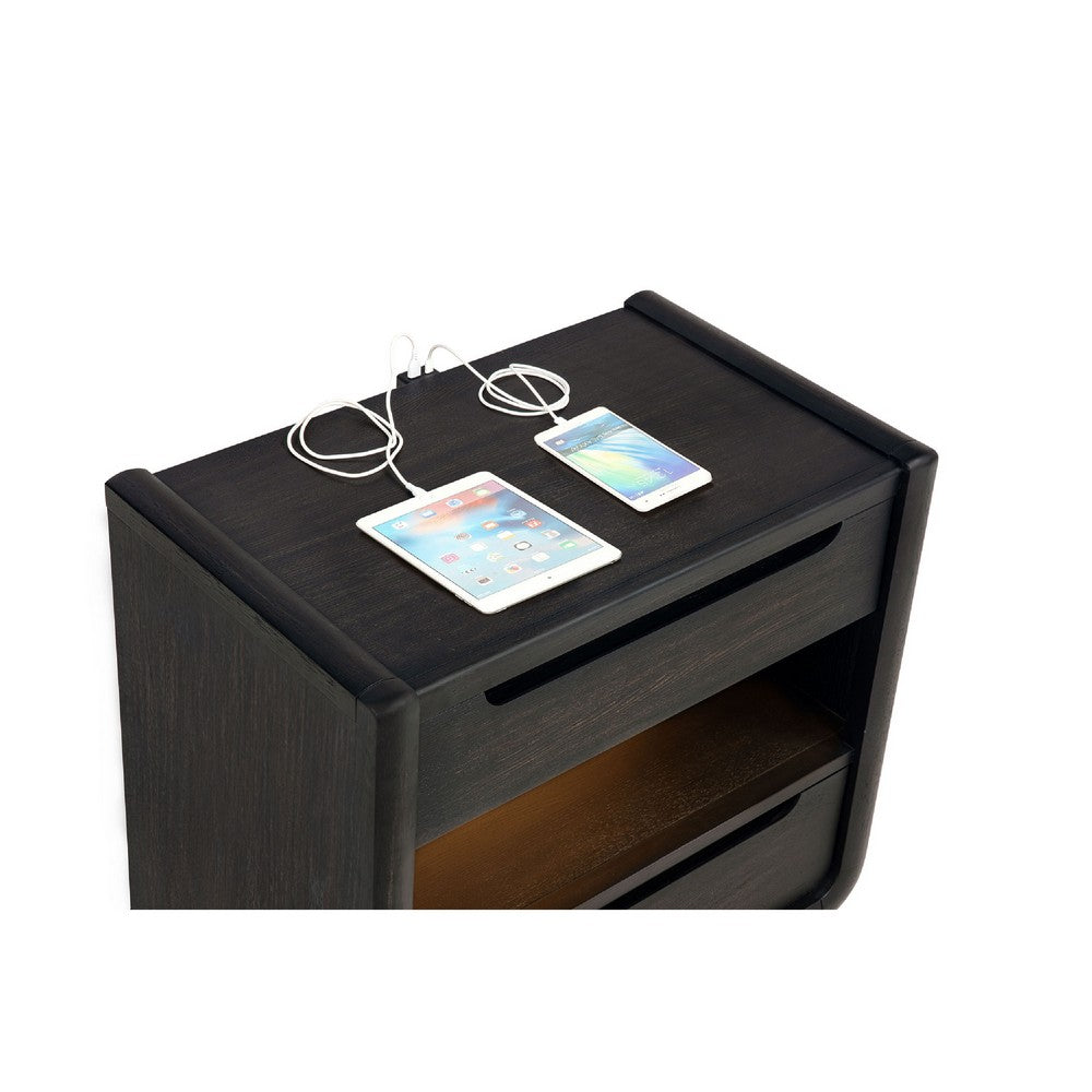 Benjara Lina Nightstand with 2 Drawers, LED Light, Dual USB Port, Black Wood