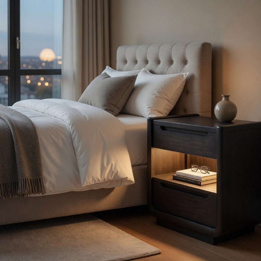 Benjara Lina Nightstand with 2 Drawers, LED Light, Dual USB Port, Black Wood