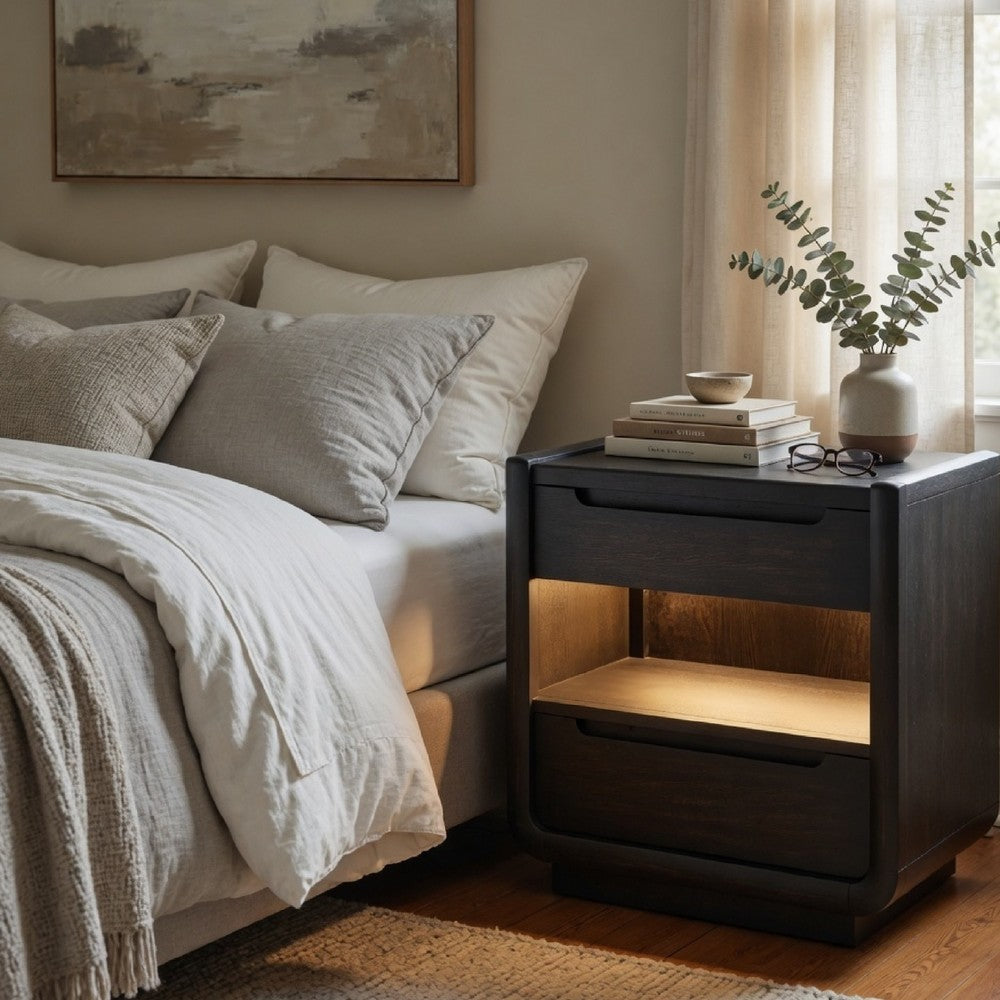 Benjara Lina Nightstand with 2 Drawers, LED Light, Dual USB Port, Black Wood