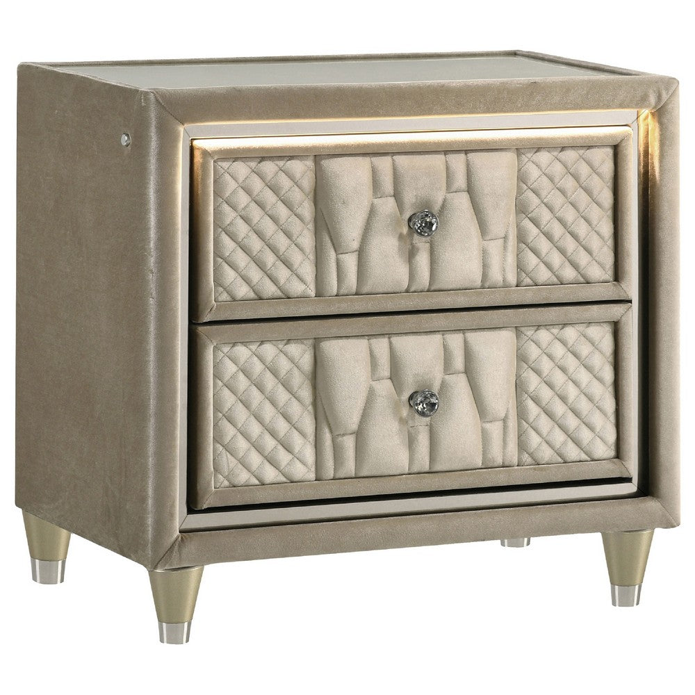 Benjara Maren Nightstand, 2 Drawers And USB Port, Ivory-Camel Velvet 28 Inch