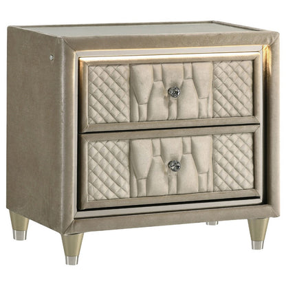 Benjara Maren Nightstand, 2 Drawers And USB Port, Ivory-Camel Velvet 28 Inch
