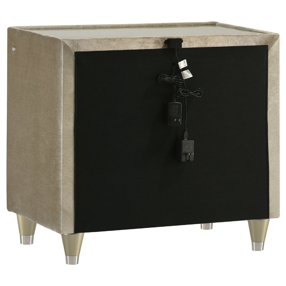 Benjara Maren Nightstand, 2 Drawers And USB Port, Ivory-Camel Velvet 28 Inch