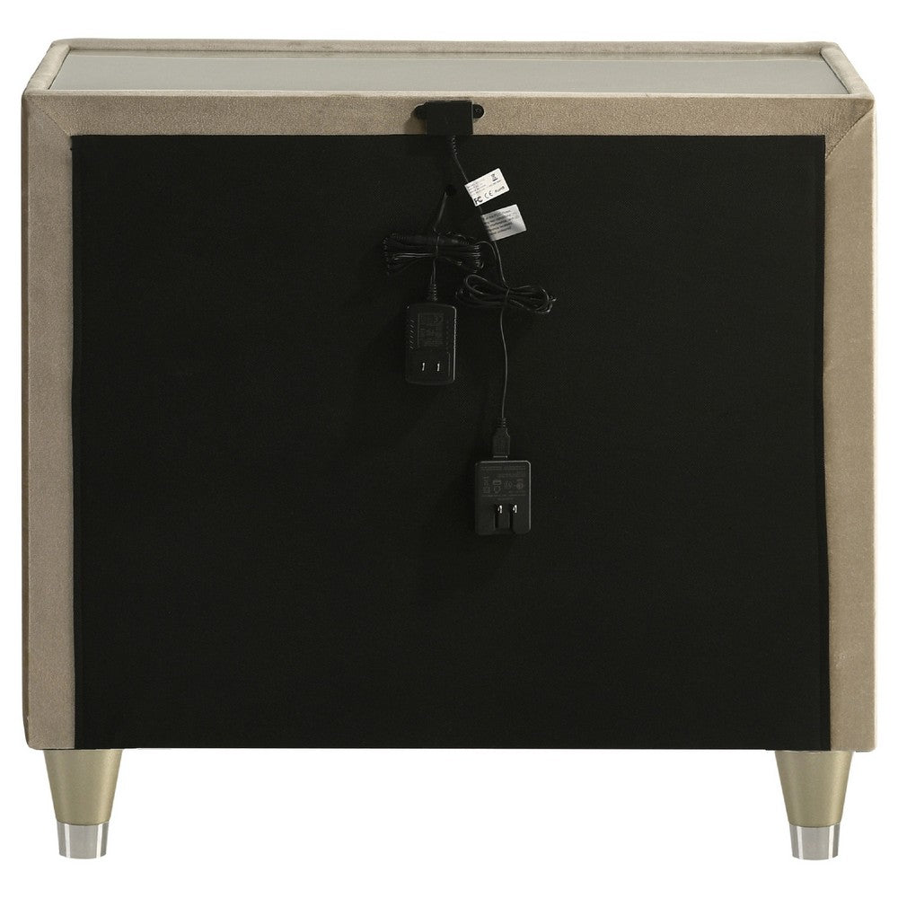 Benjara Maren Nightstand, 2 Drawers And USB Port, Ivory-Camel Velvet 28 Inch