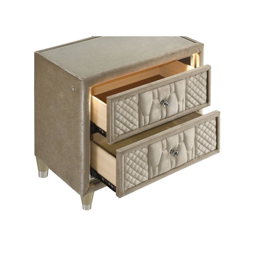 Benjara Maren Nightstand, 2 Drawers And USB Port, Ivory-Camel Velvet 28 Inch