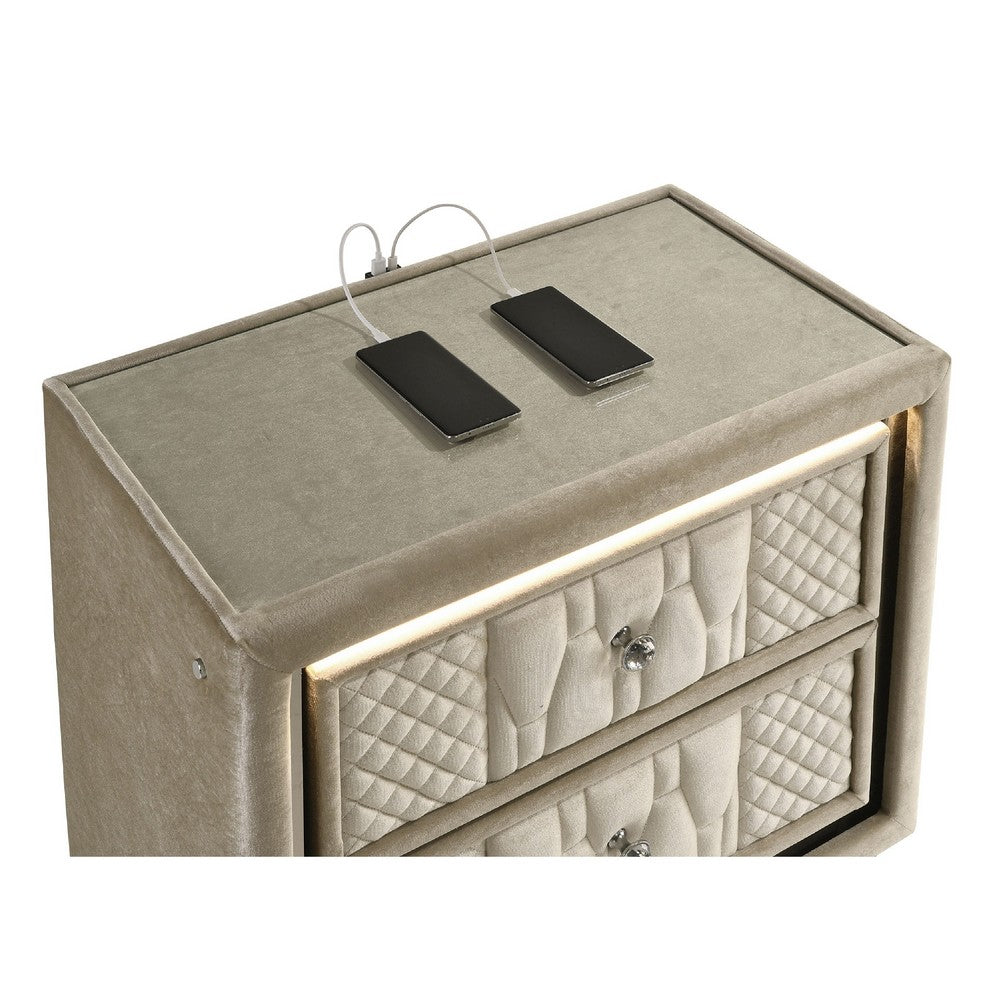 Benjara Maren Nightstand, 2 Drawers And USB Port, Ivory-Camel Velvet 28 Inch