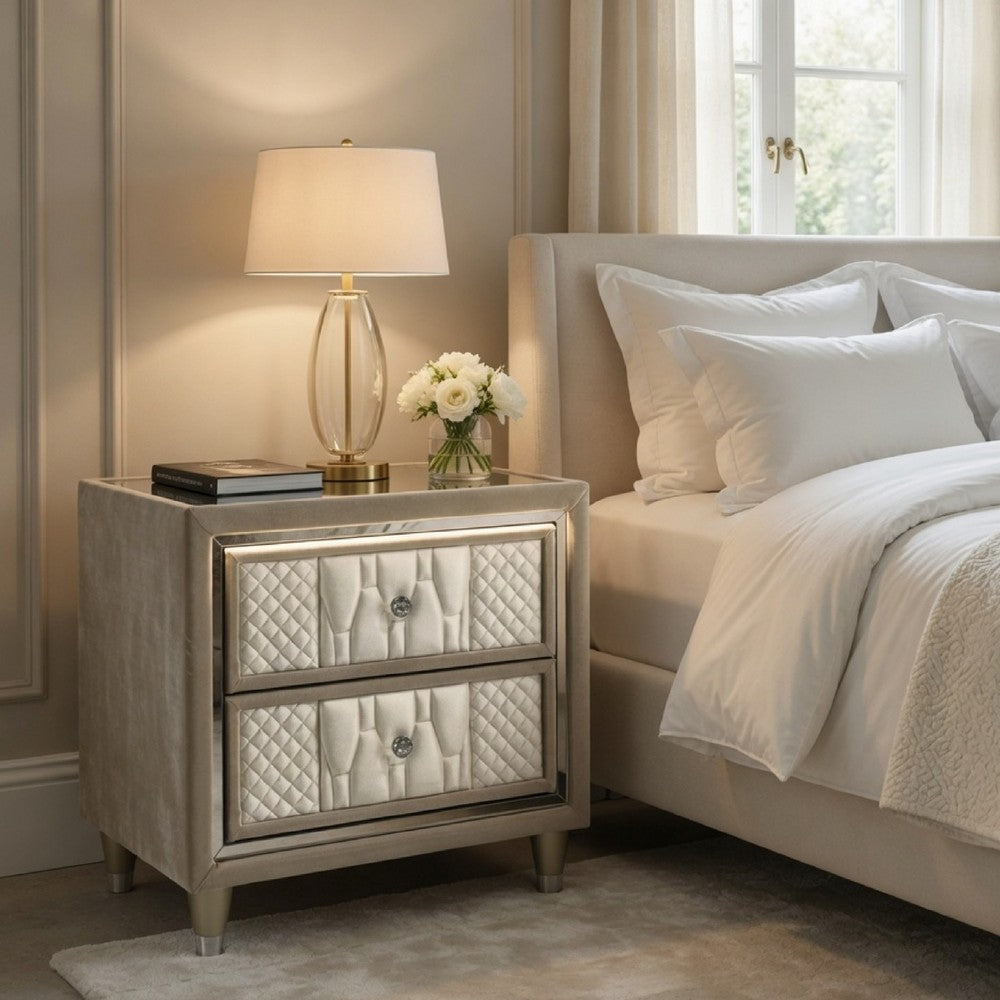 Benjara Maren Nightstand, 2 Drawers And USB Port, Ivory-Camel Velvet 28 Inch