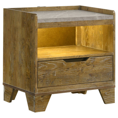 Benjara Nolan Nightstand with LED Cubby, Drawer And Marble Top, Brown Wood