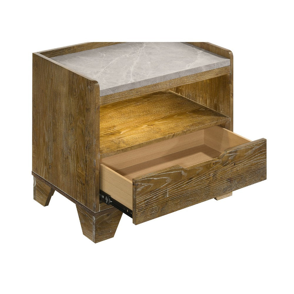 Benjara Nolan Nightstand with LED Cubby, Drawer And Marble Top, Brown Wood