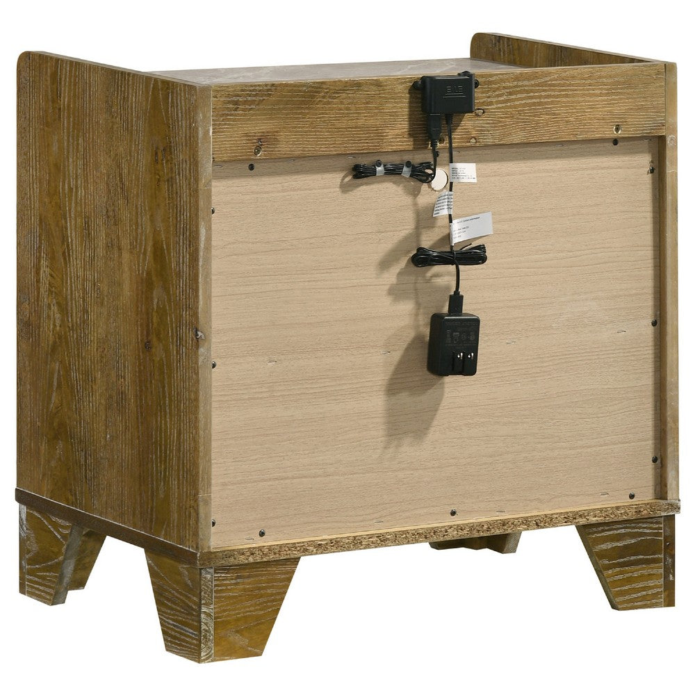 Benjara Nolan Nightstand with LED Cubby, Drawer And Marble Top, Brown Wood