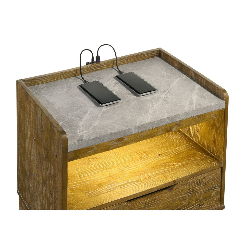 Benjara Nolan Nightstand with LED Cubby, Drawer And Marble Top, Brown Wood