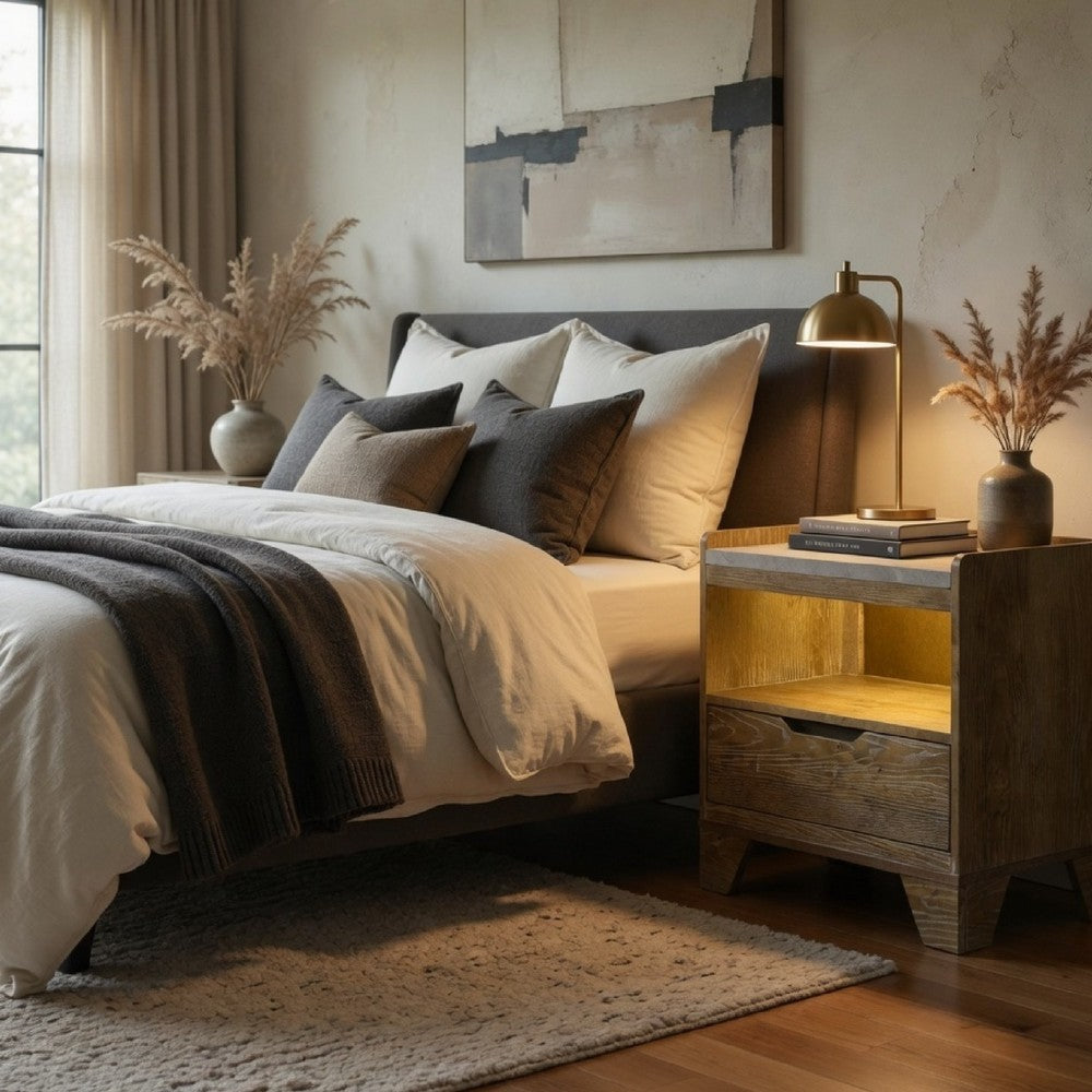 Benjara Nolan Nightstand with LED Cubby, Drawer And Marble Top, Brown Wood