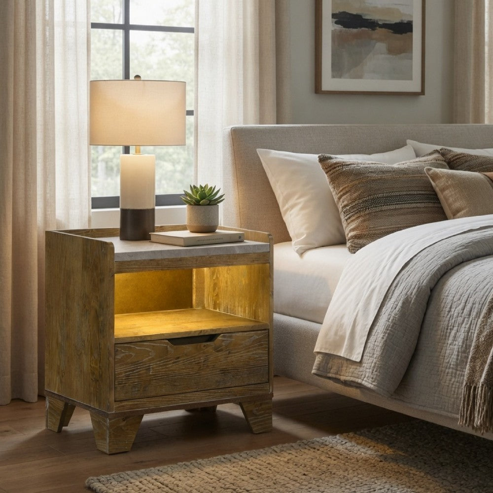 Benjara Nolan Nightstand with LED Cubby, Drawer And Marble Top, Brown Wood
