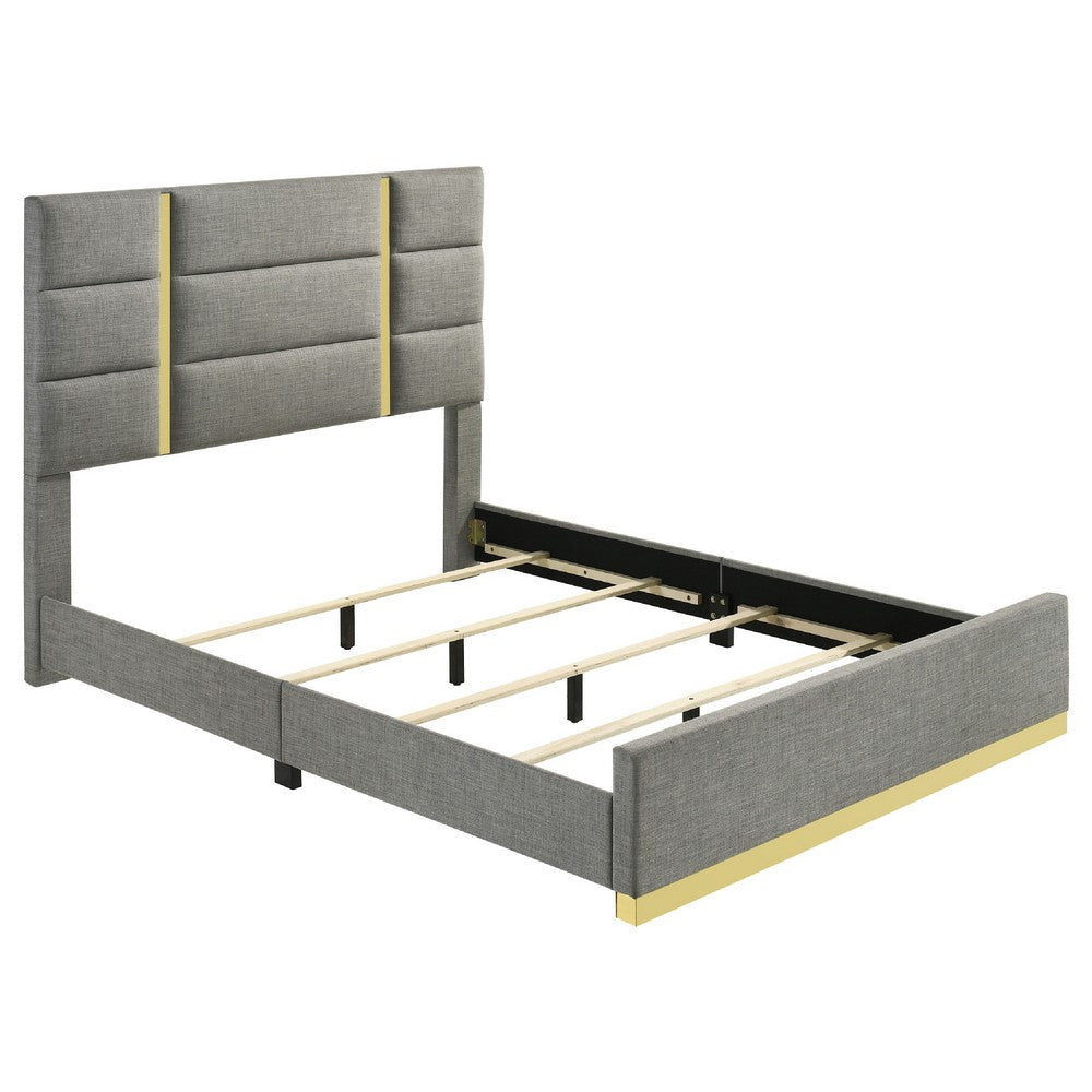 Benjara Orion Queen Panel Bed with Gold Trim, Wood Frame, Gray Chaneled Fabric