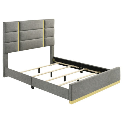 Benjara Orion Queen Panel Bed with Gold Trim, Wood Frame, Gray Chaneled Fabric