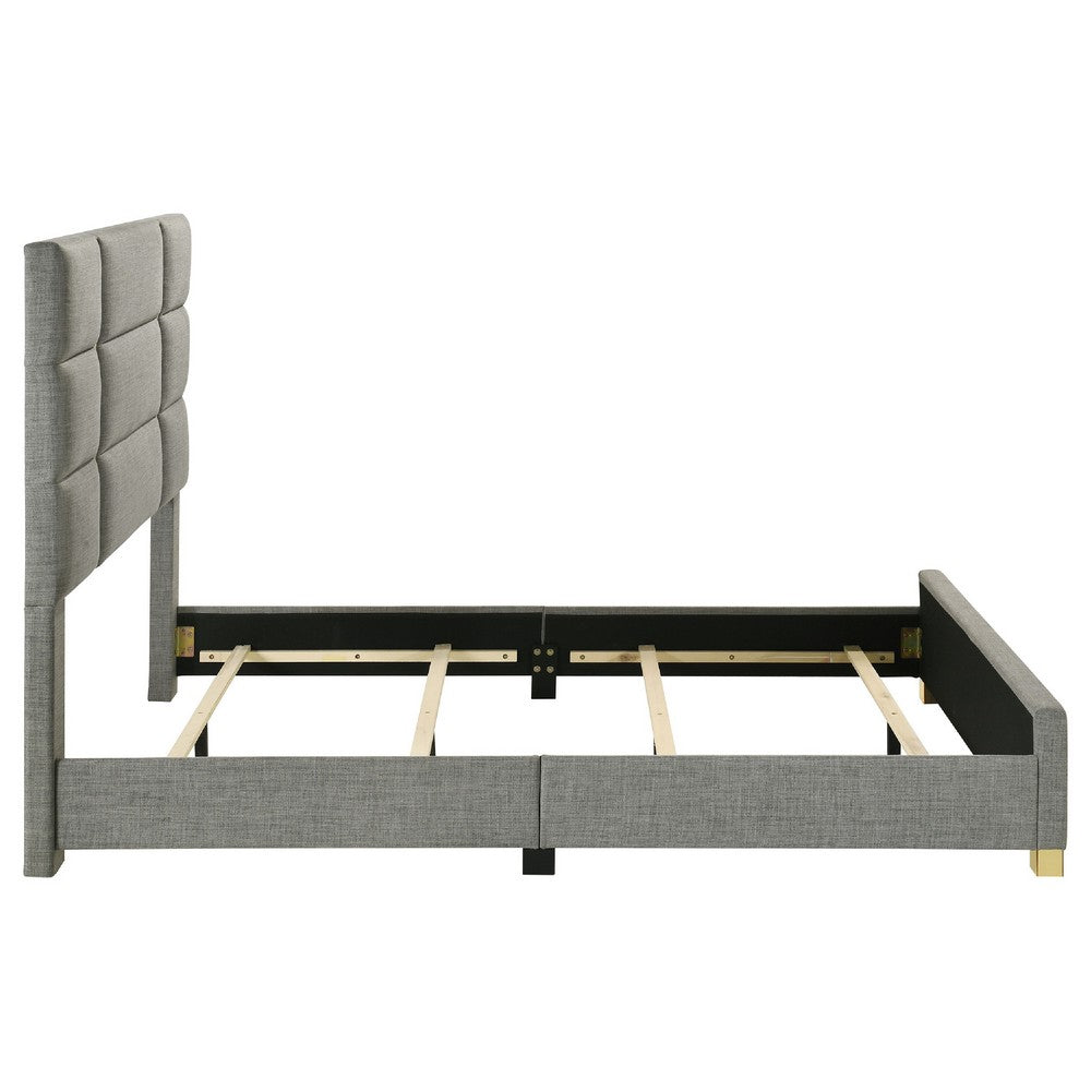 Benjara Orion Queen Panel Bed with Gold Trim, Wood Frame, Gray Chaneled Fabric