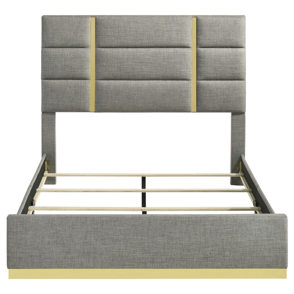 Benjara Orion Queen Panel Bed with Gold Trim, Wood Frame, Gray Chaneled Fabric