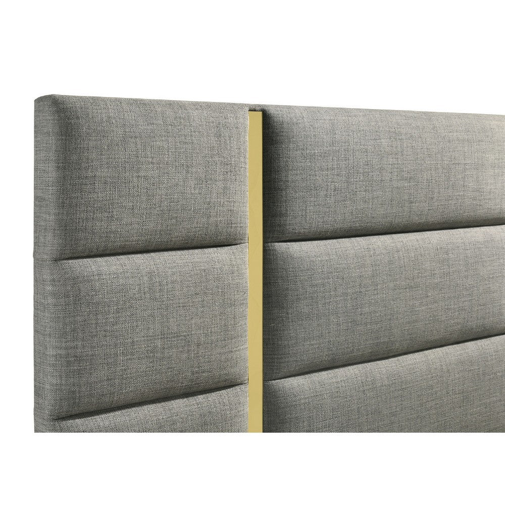 Benjara Orion Queen Panel Bed with Gold Trim, Wood Frame, Gray Chaneled Fabric