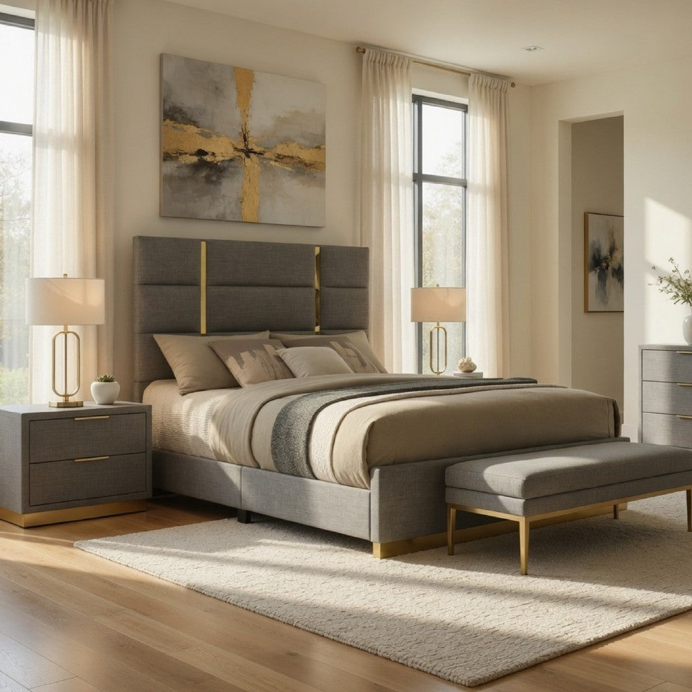 Benjara Orion Queen Panel Bed with Gold Trim, Wood Frame, Gray Chaneled Fabric