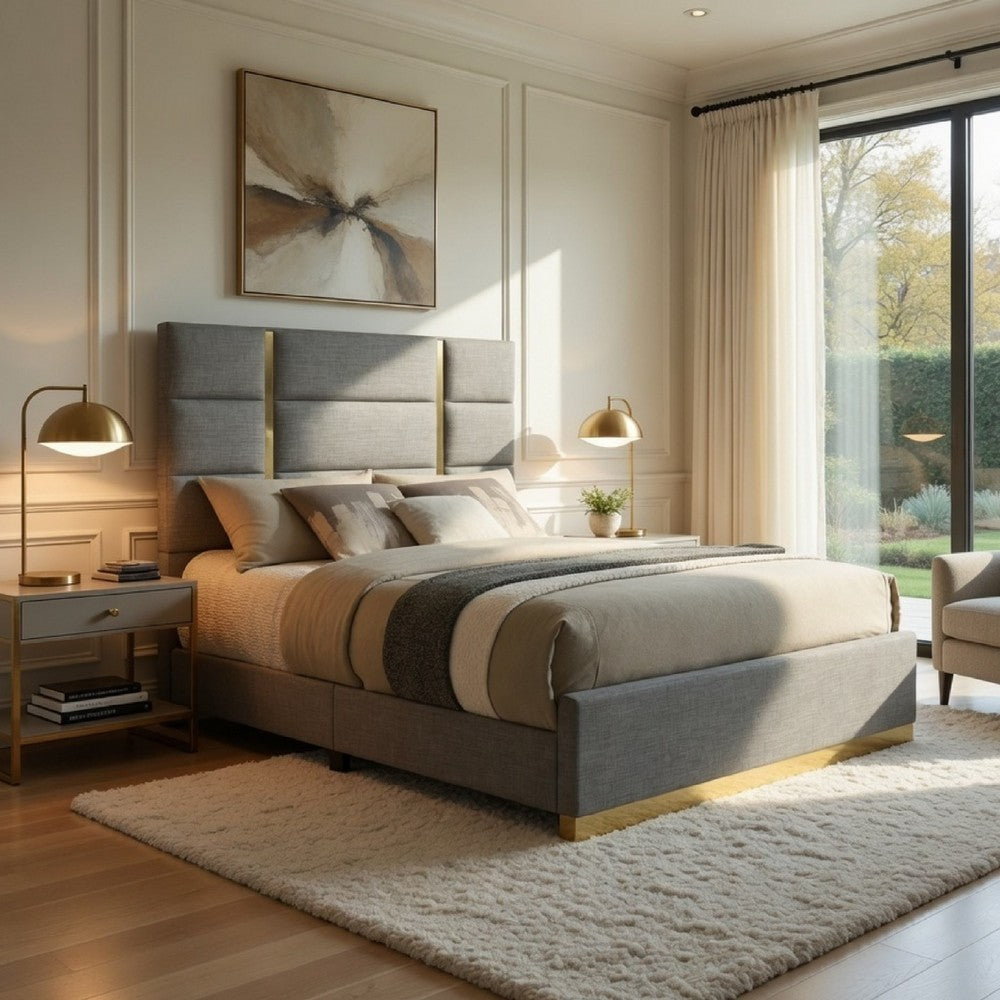 Benjara Orion Queen Panel Bed with Gold Trim, Wood Frame, Gray Chaneled Fabric