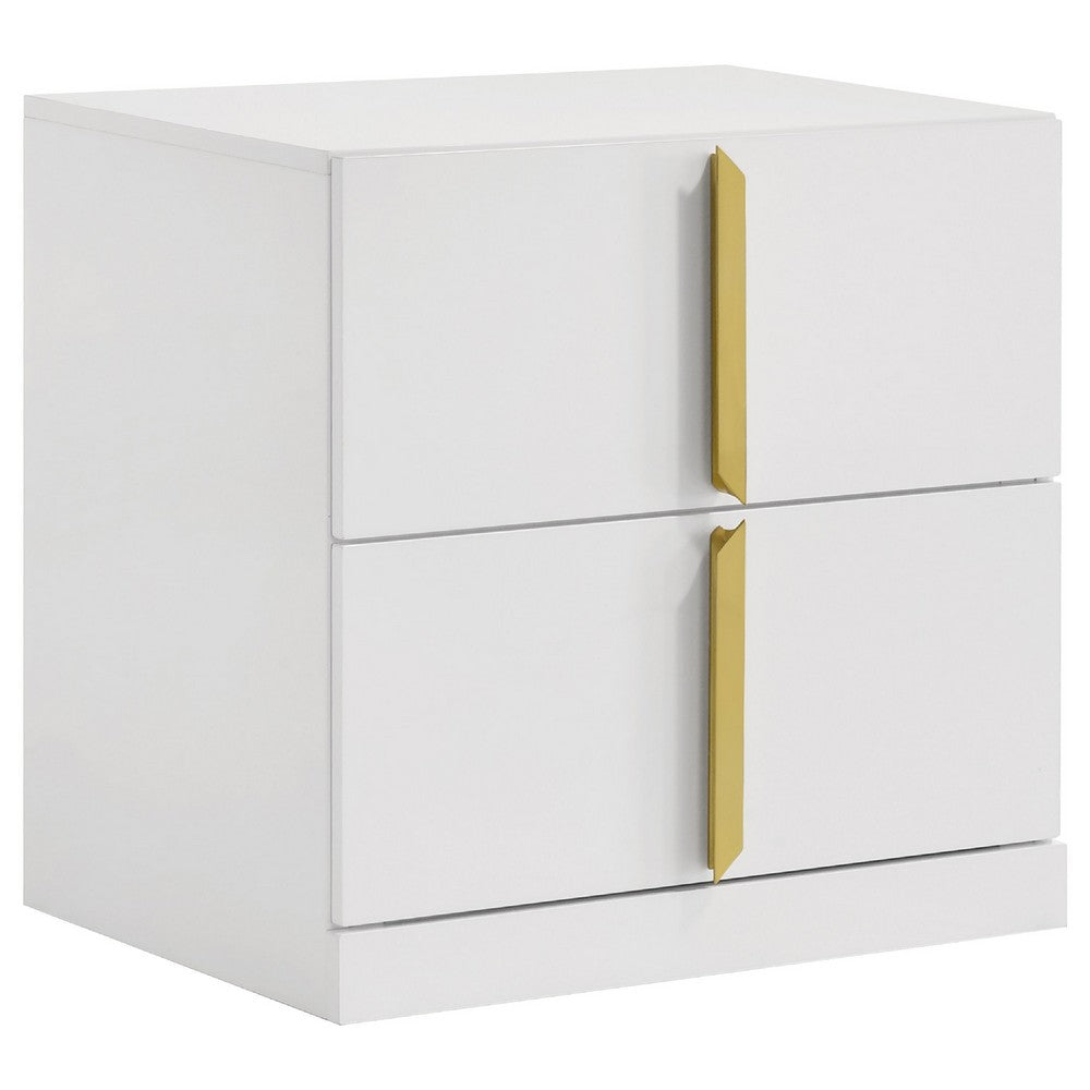 Benjara Orion Nightstand with 2 Drawers, Gold Metal Pulls, White Gloss Wood