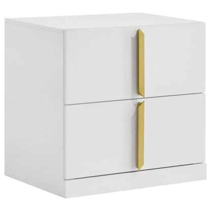 Benjara Orion Nightstand with 2 Drawers, Gold Metal Pulls, White Gloss Wood