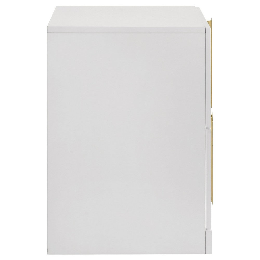 Benjara Orion Nightstand with 2 Drawers, Gold Metal Pulls, White Gloss Wood