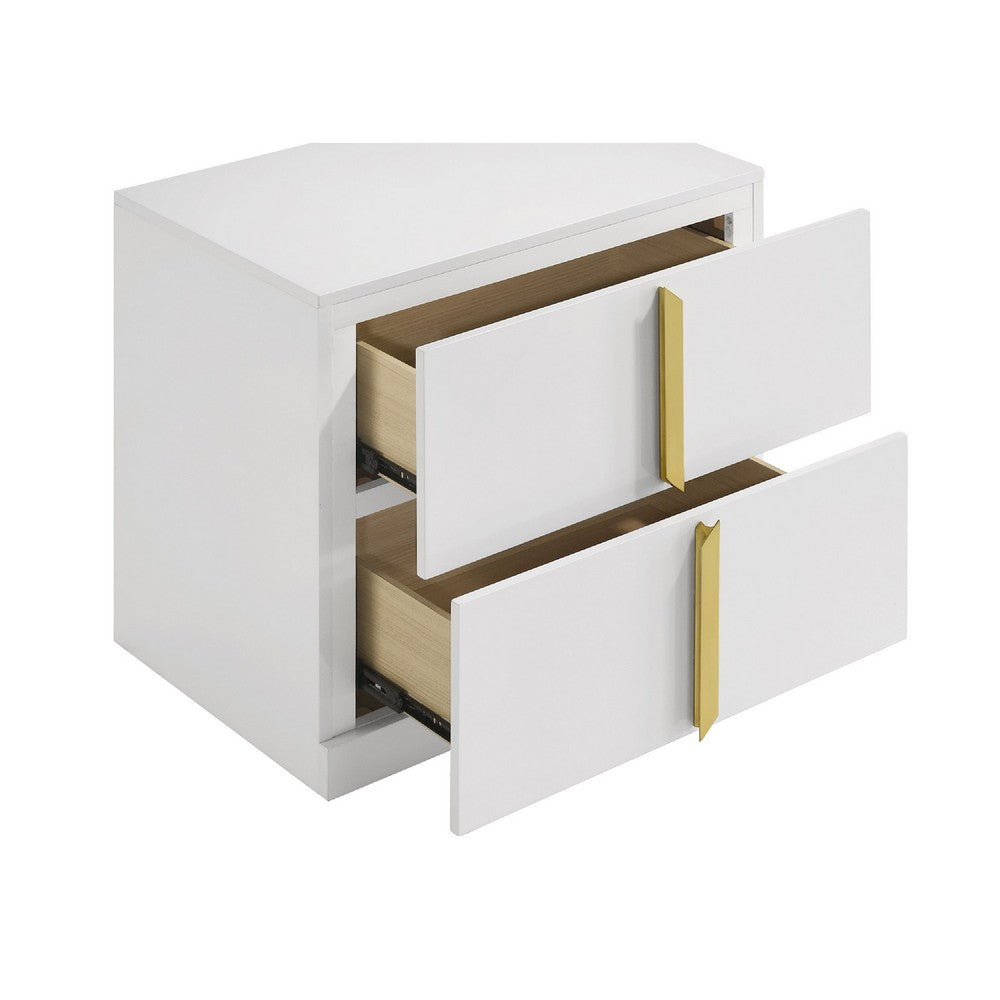 Benjara Orion Nightstand with 2 Drawers, Gold Metal Pulls, White Gloss Wood