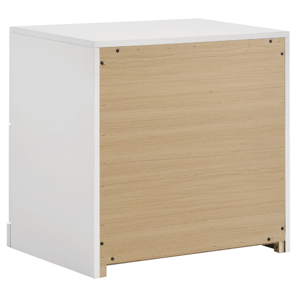 Benjara Orion Nightstand with 2 Drawers, Gold Metal Pulls, White Gloss Wood