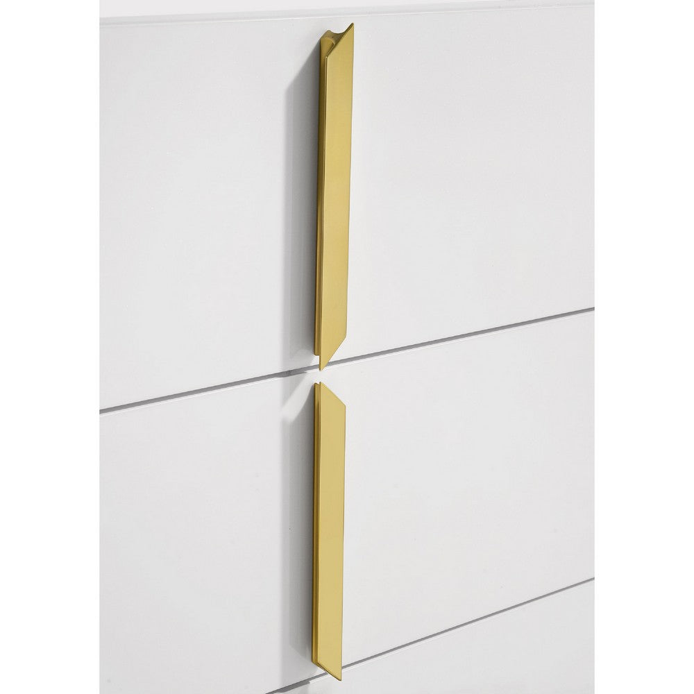 Benjara Orion Nightstand with 2 Drawers, Gold Metal Pulls, White Gloss Wood