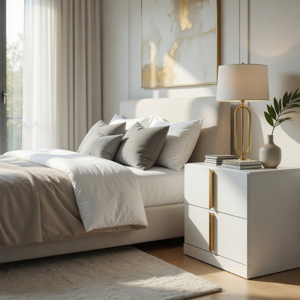 Benjara Orion Nightstand with 2 Drawers, Gold Metal Pulls, White Gloss Wood