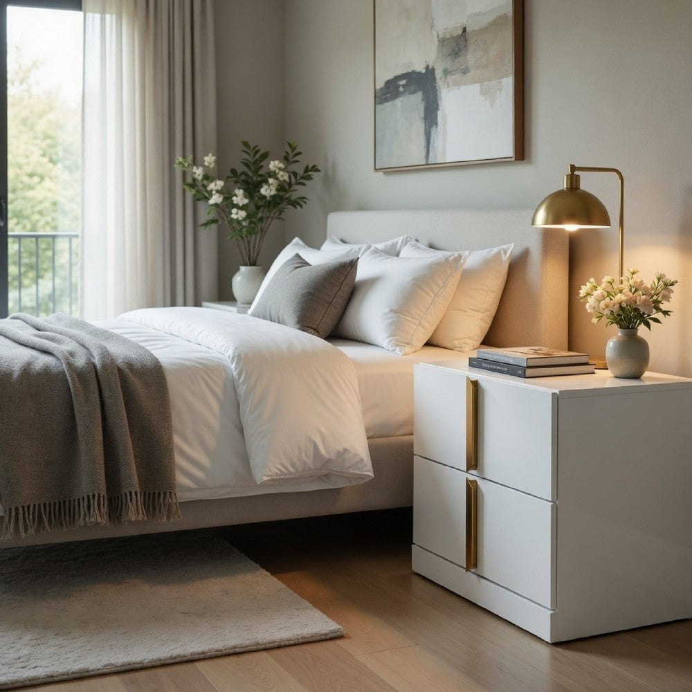 Benjara Orion Nightstand with 2 Drawers, Gold Metal Pulls, White Gloss Wood