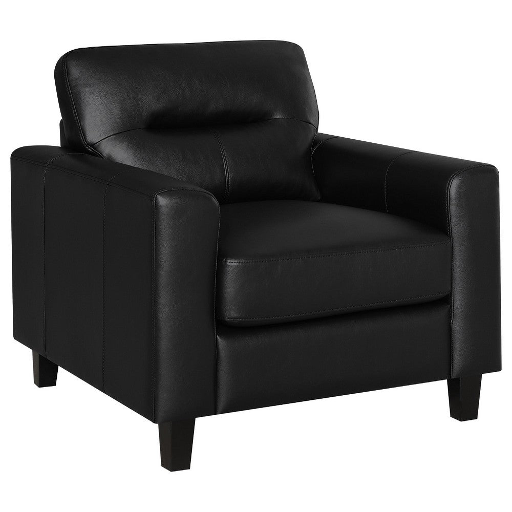 Benjara Secy Sofa Chair, Black Faux Leather, Track Arms, Pine Wood Frame