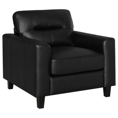 Benjara Secy Sofa Chair, Black Faux Leather, Track Arms, Pine Wood Frame