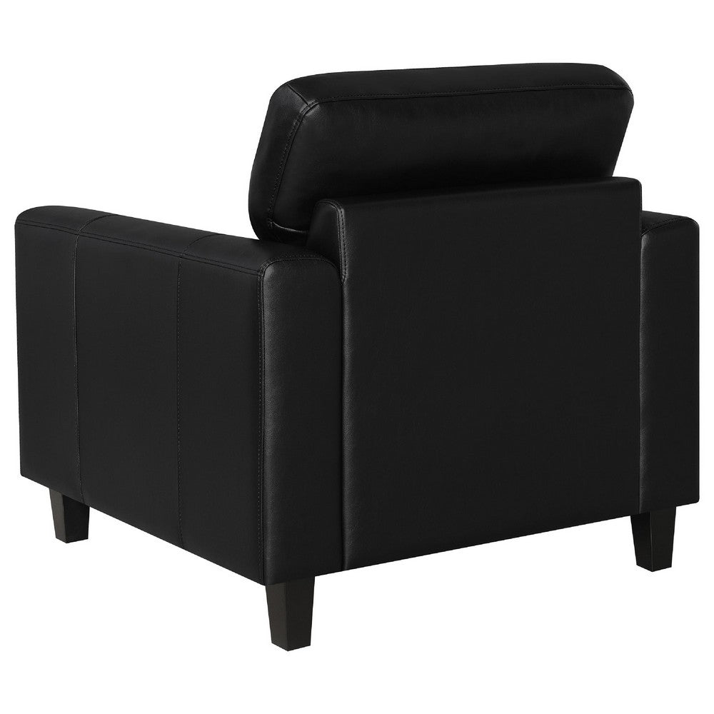 Benjara Secy Sofa Chair, Black Faux Leather, Track Arms, Pine Wood Frame
