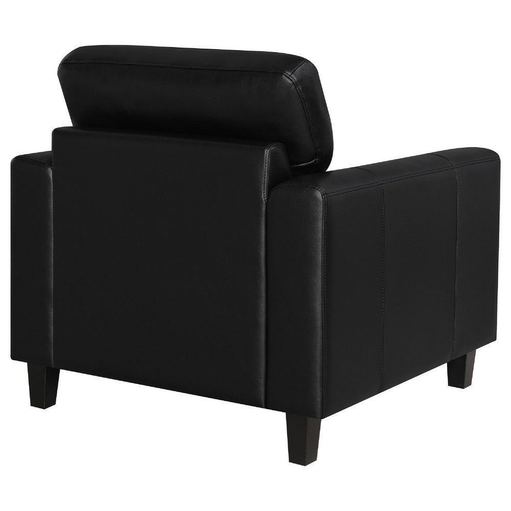 Benjara Secy Sofa Chair, Black Faux Leather, Track Arms, Pine Wood Frame