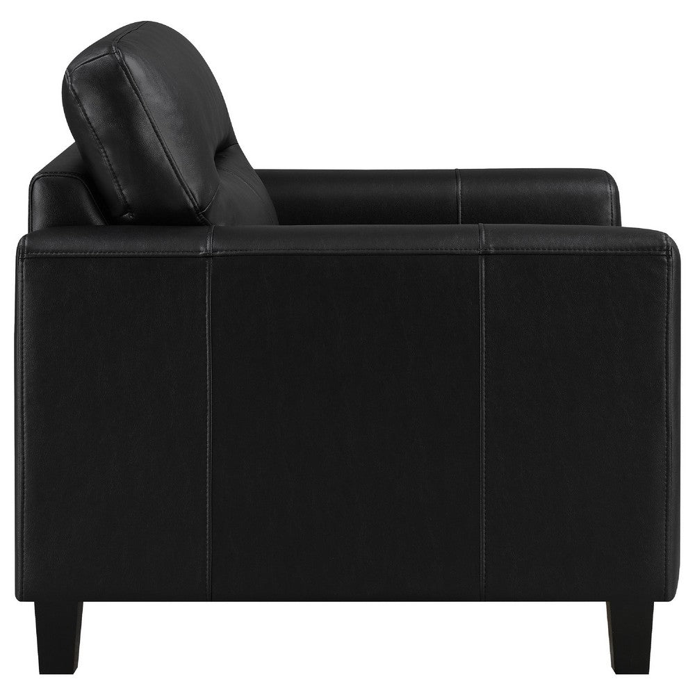 Benjara Secy Sofa Chair, Black Faux Leather, Track Arms, Pine Wood Frame