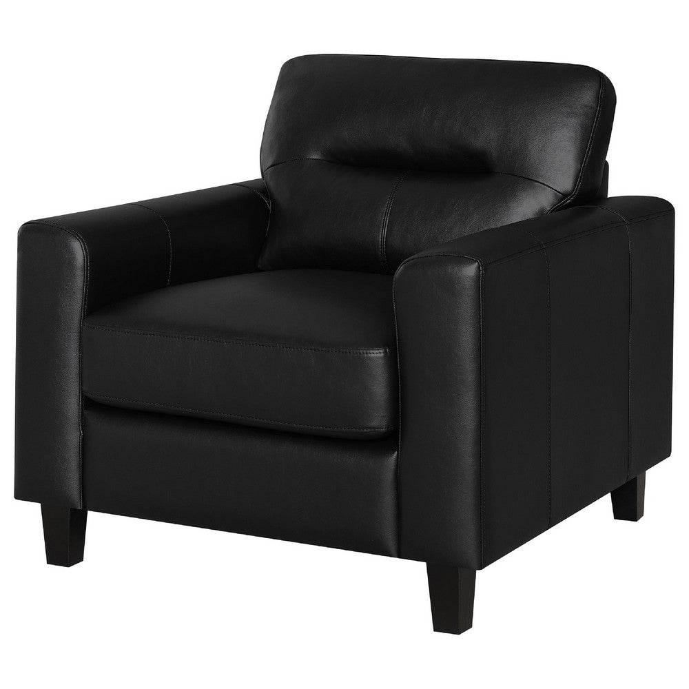 Benjara Secy Sofa Chair, Black Faux Leather, Track Arms, Pine Wood Frame