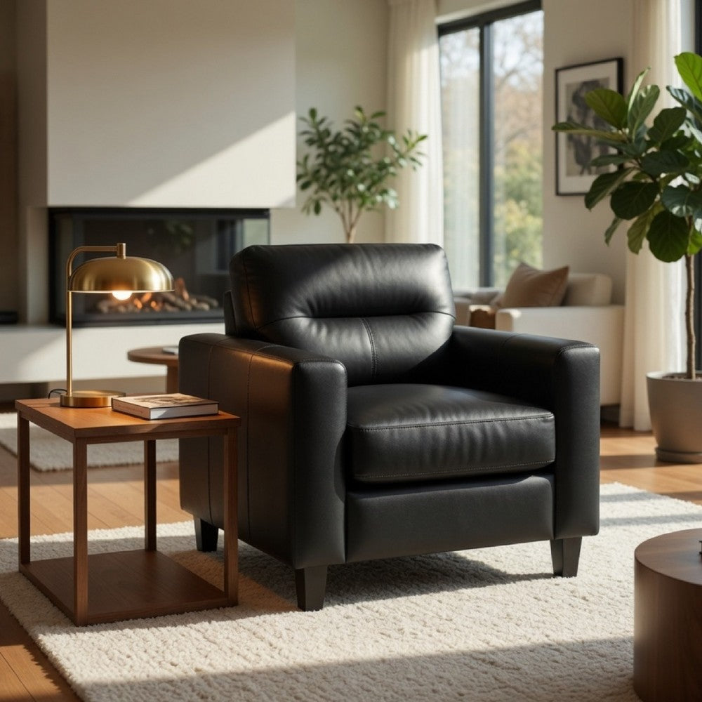 Benjara Secy Sofa Chair, Black Faux Leather, Track Arms, Pine Wood Frame