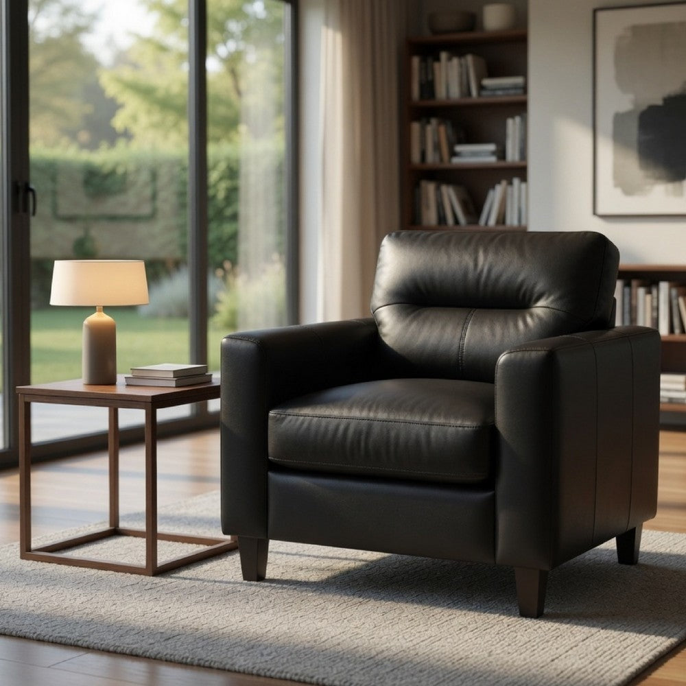 Benjara Secy Sofa Chair, Black Faux Leather, Track Arms, Pine Wood Frame