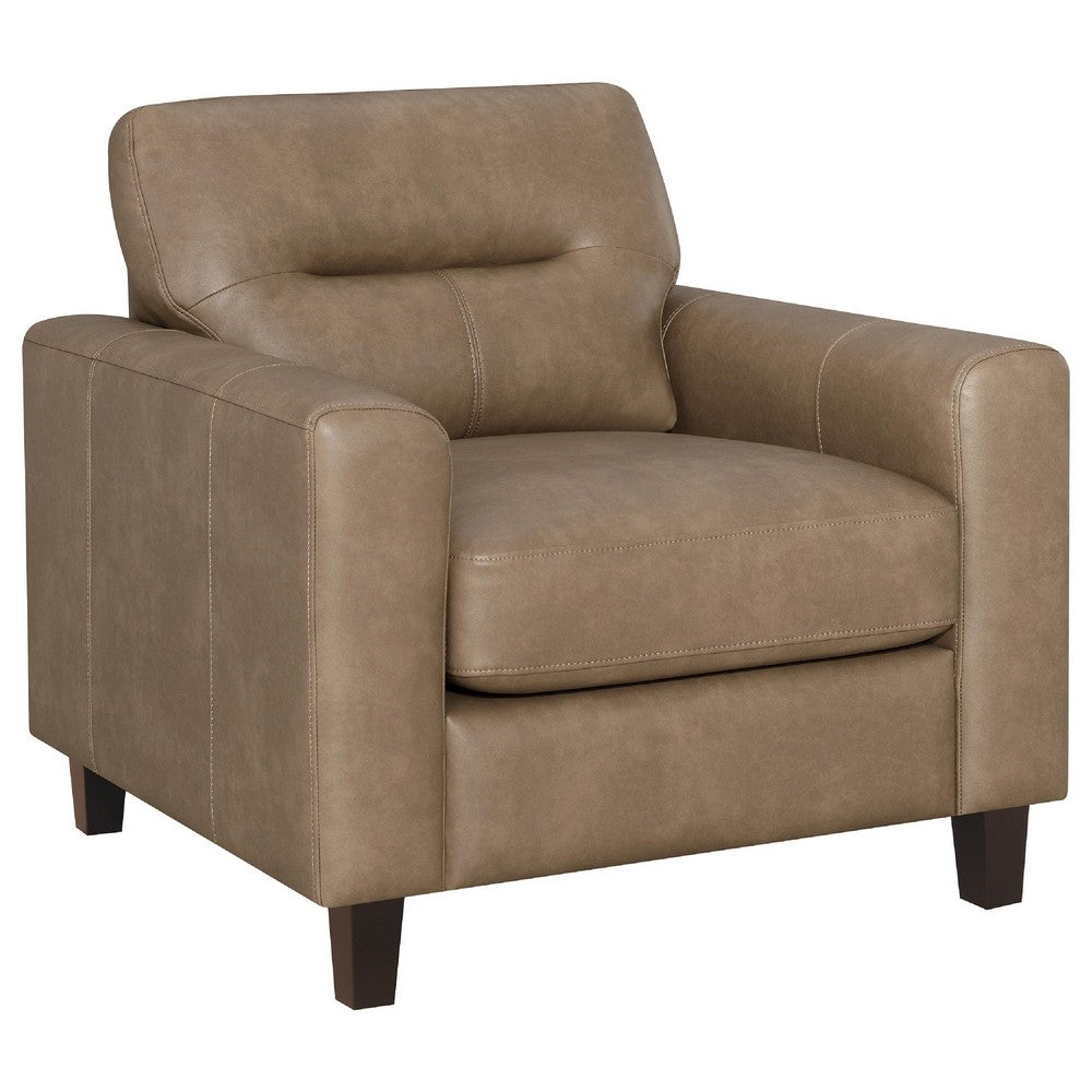 Benjara Secy Sofa Chair, Brown Faux Leather, Track Arms, Pine Wood Frame