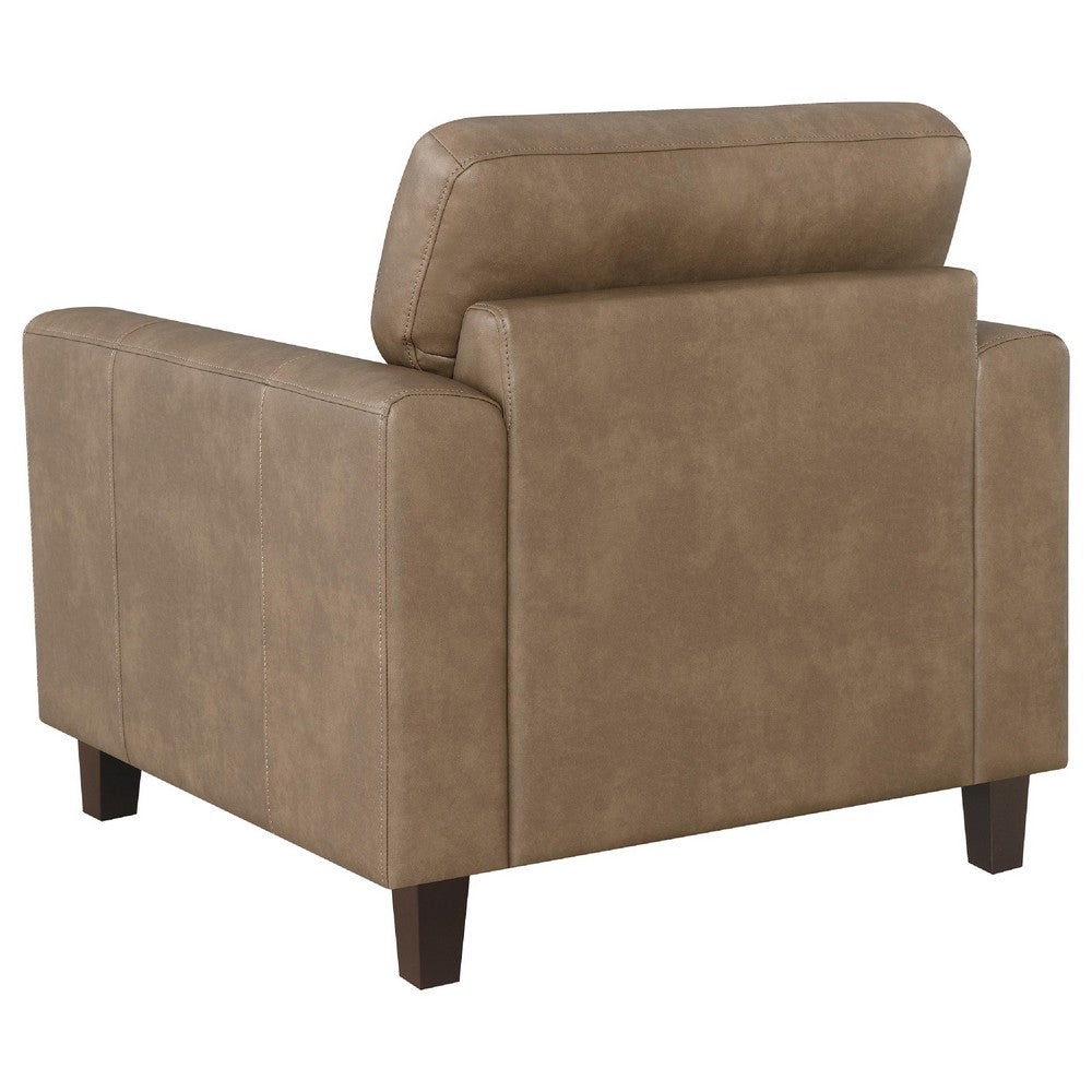 Benjara Secy Sofa Chair, Brown Faux Leather, Track Arms, Pine Wood Frame