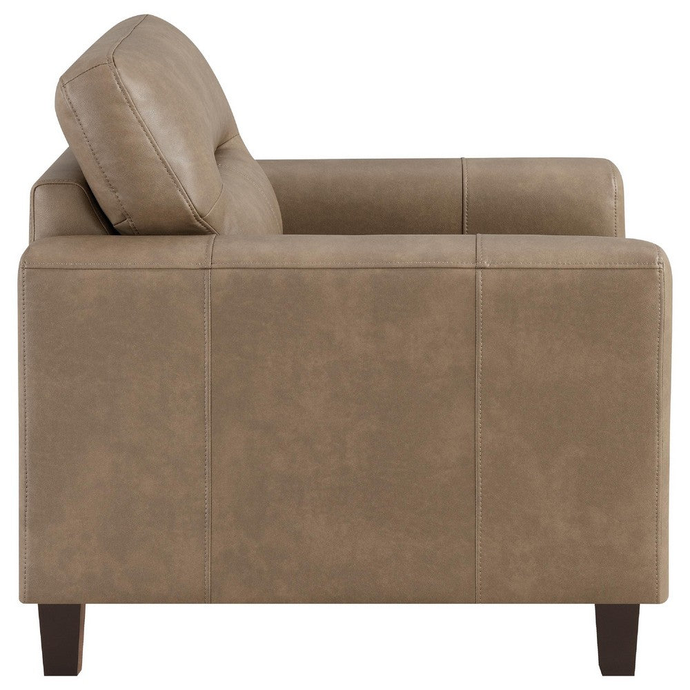Benjara Secy Sofa Chair, Brown Faux Leather, Track Arms, Pine Wood Frame